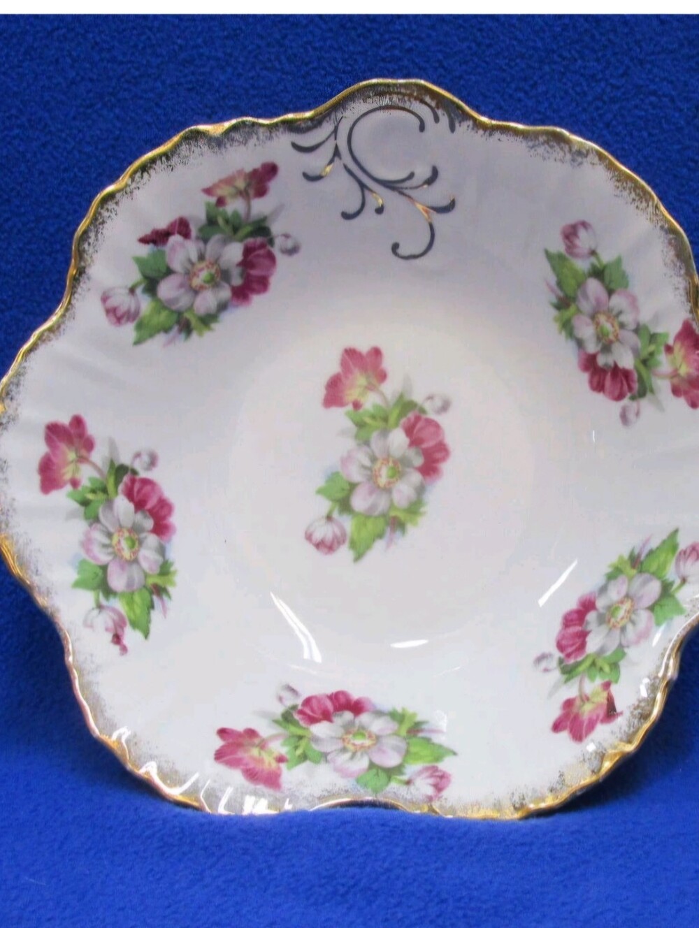 Vintage Trimont Ware Floral  Porcelain Bowl with scalloped, gold-trim